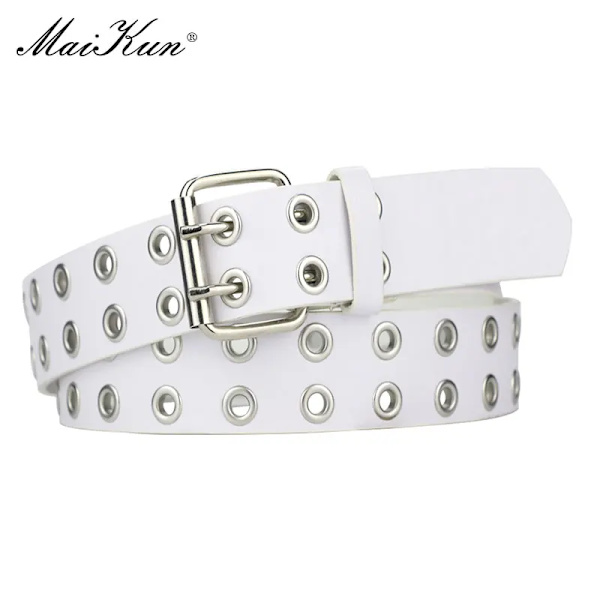 MaiKun Kvinnor Punk Goth Bälten Märke Läder Kvinnor Grunge Bälte Halloween Double Pin Spänne Kvinnlig Bälte för Jeans Streetwear White 100cm