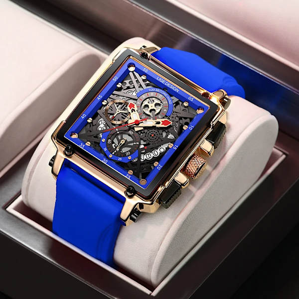2023 nya LIGE Herrklockor Toppmärke Lyx Hollow Square Watch För män Mode Silikonrem Vattentät Quartz Armbandsur Gold blue