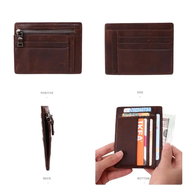 GENODERN Ny smal korthållare med myntficka med dragkedja Liten plånbok för män Miniplånbok för manlig funktionell kortplånbok brown card holder