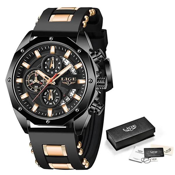 Nytt mode Herrklockor Toppmärke Lyx Silikon Watch Herr Kvarts Datum Klocka Vattentät Armbandsur Kronograf black rose gold