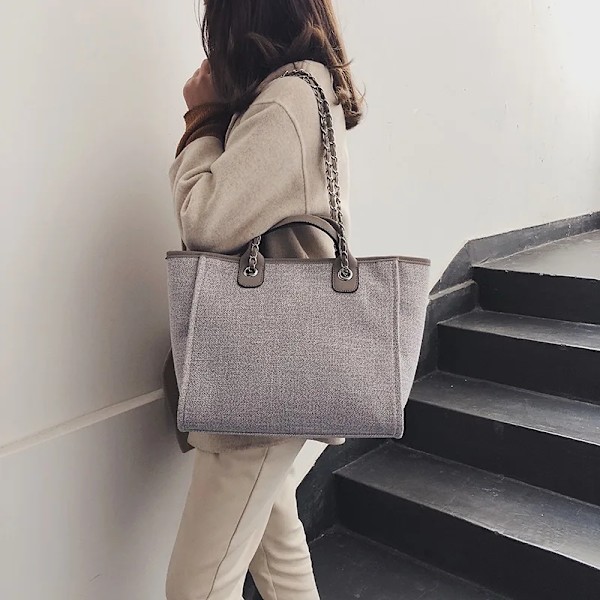 Dam Kedja Tygväska Designer Kvinnlig Axelväskor Casual Strand Canvas Fritid Handväskor Damväska Trend Medium Khaki