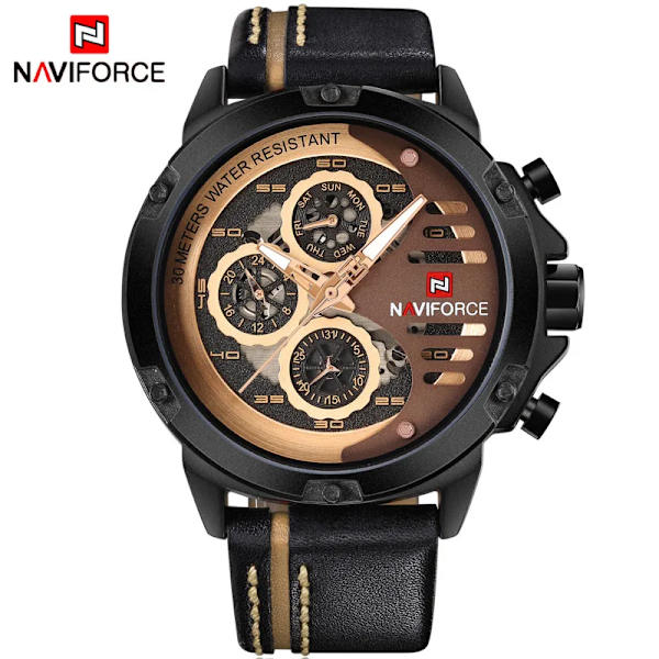 NAVIFORCE Herrklockor Toppmärke Lyx Vattentät 24 timmar Date Quartz Watch Man Läder Watch Herr Vattentät klocka BRGBN