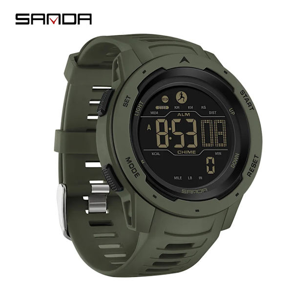 SANDA Märke Herrklockor Sport Stegräknare Kalorier 50M Vattentät LED Digital Watch Militär Armbandsur Relogio Masculino 2145 Armygreen