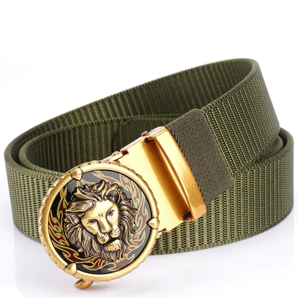 SupSindy Mans Nylon Lyx Guld Lions Metall Automatiskt spänne Canvasbälten för män Mode Jeans Midjeband Svart manlig rem Gold buckle green 110cm