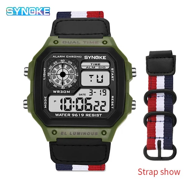 SYNOKE Digital Watch för män Led Vattentät Man Nylon Klockor Lyx Sport Man Armbandsur Stor väckarklocka Relojes Deportivos Green B