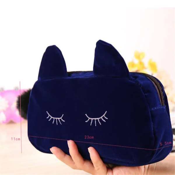 1 st Cartoon Cat Coin Toalettväska Case Resesmink Flanellpåse Organizer Kosmetikväska Fodral För Kvinnor Flickor Blue