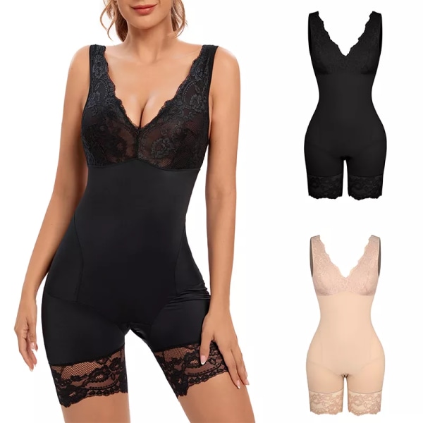 Kvinnor Full Body Shapewear Sexig V-ringad Body Slimming Belly Spets Patchwork Underkläder Waist trainer Modellering Strap Korsett Skin L