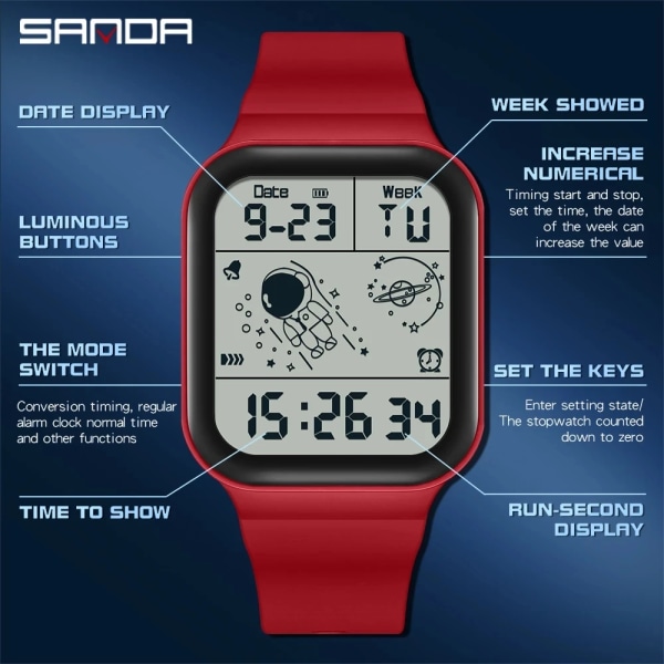 Mode SANDA Watch 50 M vattentät storskärm fyrkantig dam unsex multifunktionskronograf LED-skärm Reloj de hombre Blue