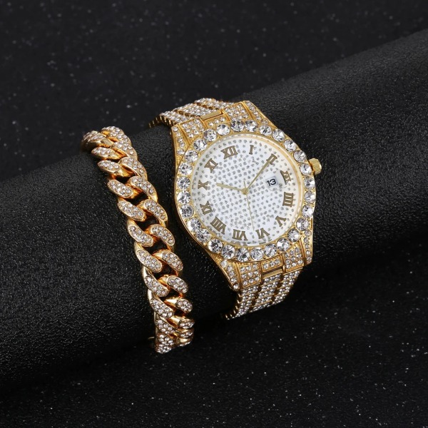 Punk hip hop watch set med diamant besatt armband set Watch set A07582 Yellow