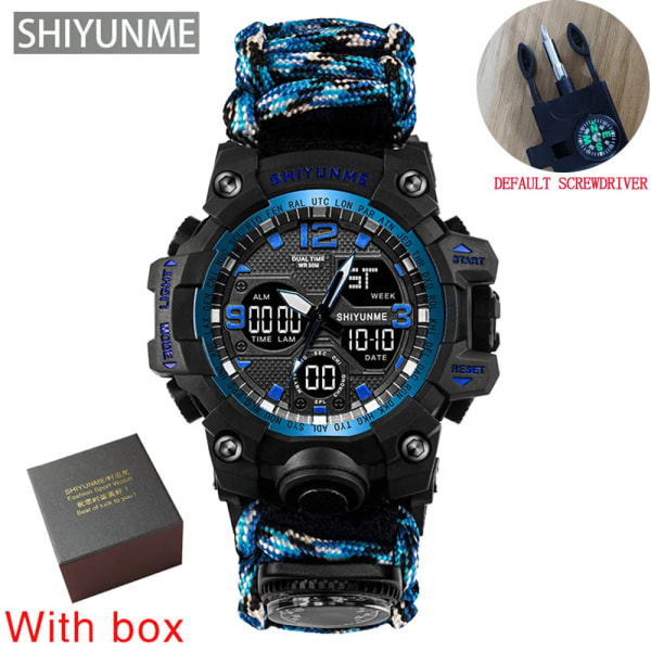 Utomhus Survival Military Watch Vattentät Multifunktionell Survival Kit Militär Taktisk Paracord Watch Compass Watch Blue with box