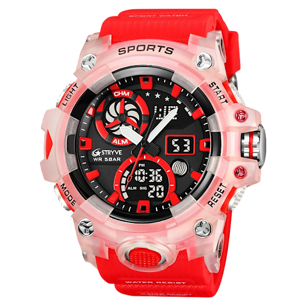 STRYVE Märke Herr Sportklockor Dual Display Analog Digital LED Elektronisk Quartz Armbandsur 50m Vattentät Watch 8027 Transparency red