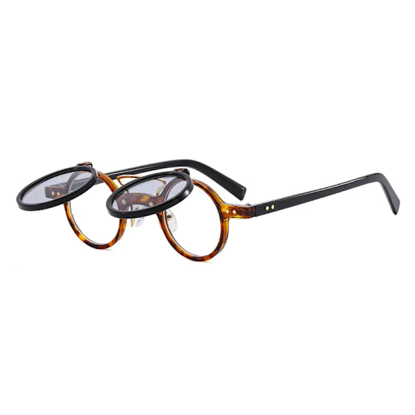 Populära vintage Steampunk Flip Up Solglasögon Retro Små Runda Solglasögon i metall för män Kvinnor Märke Circle Oculos Ins Shade LeoBlack LightGrey As the picture