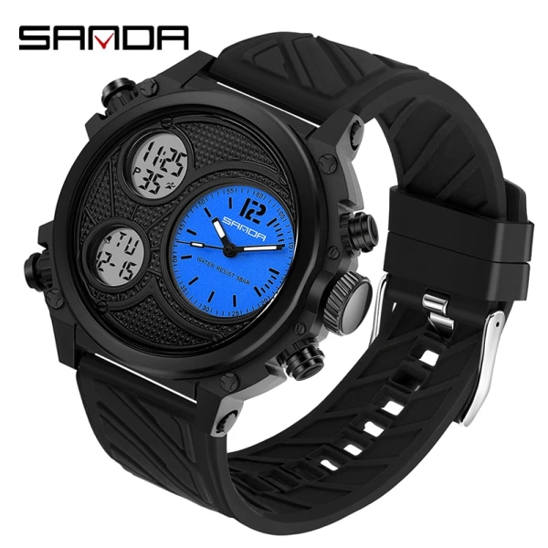 SANDA LED Digitala Sportklockor 50m Vattentät Elektronisk Armbandsur Tregångsvisning Quartz Watch for Herr Väckarklocka 3002 blue