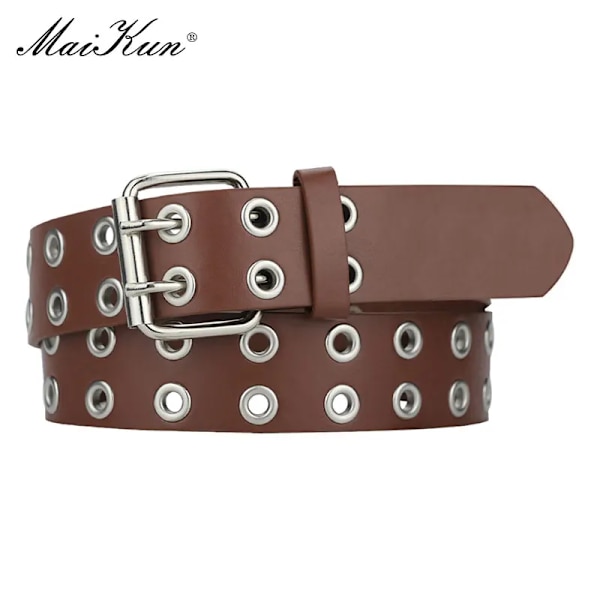 MaiKun Kvinnor Punk Goth Bälten Märke Läder Kvinnor Grunge Bälte Halloween Double Pin Spänne Kvinnlig Bälte för Jeans Streetwear Brown 100cm