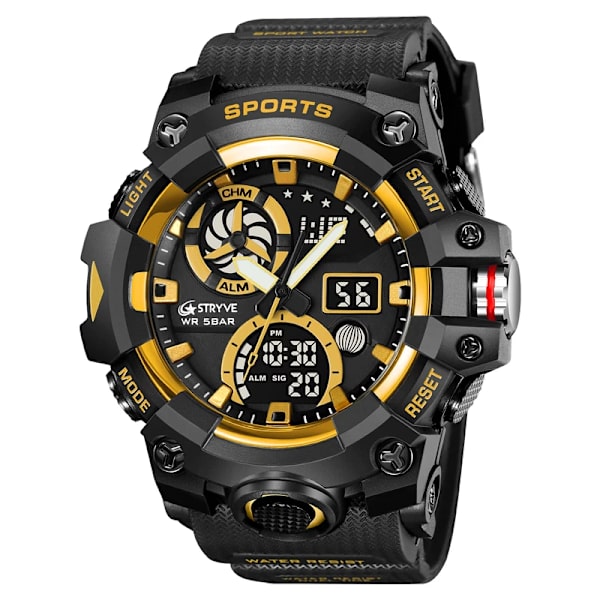STRYVE Top Brand Elektronisk Watch För Herr Utomhussport Vattentät Dual Time Display Quartz Armbandsur Gummi reloj hombre gold