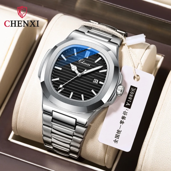 CHENXI 8222 Case i rostfritt stål Modekalender Kvarts Vattentät Lysande Man Klockor Reloj Hombre Blue