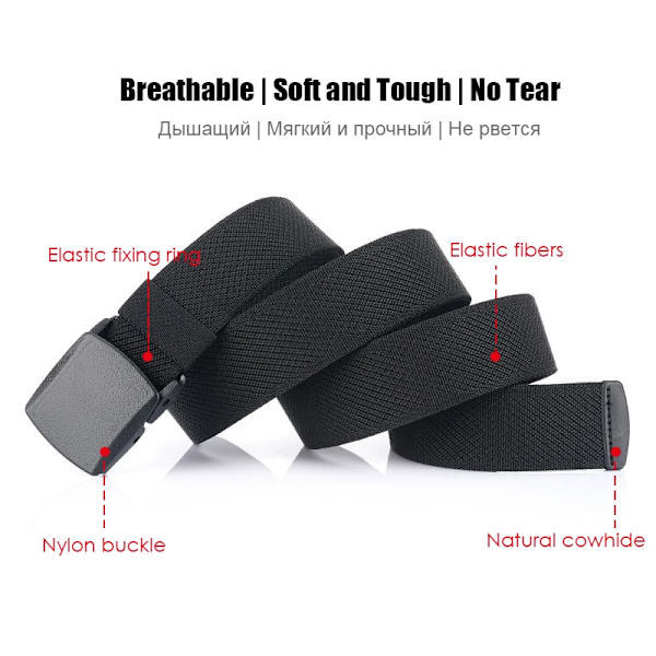 VATLTY Metallfritt elastiskt bälte för män, starkt teknisk plast, snabblåsande nylon Unisex Stretchbälte Utomhussport Black khaki 115CM