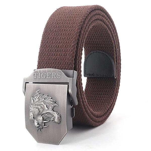 Ny canvas utomhus taktiskt armébälte 3D tigerhuvud Emblem metallspänne unisex jeansbälte för män Militärbälte Man sportrem coffee 110cm