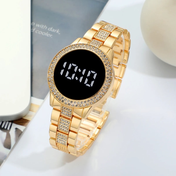 Trendiga produkter 2021 Nytt mode band i rostfritt stål Kvinnor Led Digitala klockor Rhinestone Watch för kvinnor Relogio Clock Gold