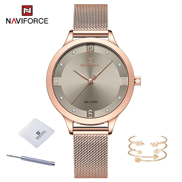 NAVIFORCE modeklockor för kvinnor högkvalitativ kvarts damklocka Mesh rostfritt stål Sliver blå vattentät damarmband RGGY