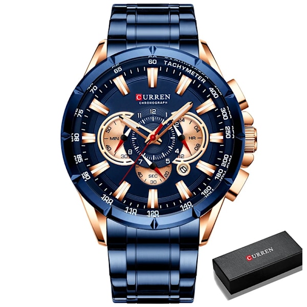 Curren Watch Topp Lyxmärke Big Urtavla Blue Quartz Herrklockor Kronograf Sport Armbandsur Man Rostfritt stål Datumklocka RG BE Box
