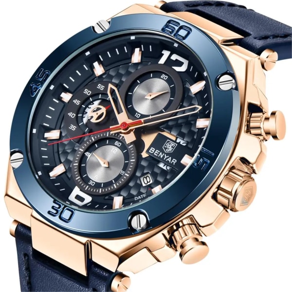 BENYAR Top Brand 2023 Herr Quartz Watch Multifunktion Sport Chronograph 30M Vattentät Armbandsur Watch Relogio Masculino Silver Blue