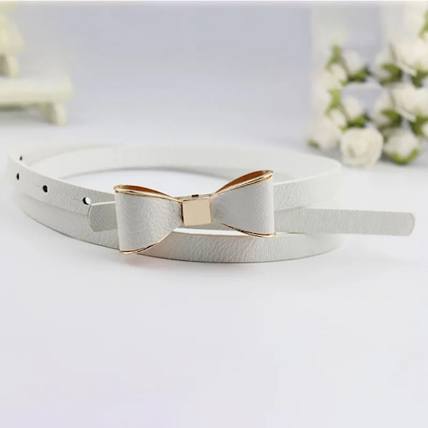 PU Läder Kvinnor Skinny Butterfly Rosett Midjebälte Dor Klänning smalt tunt midjeband White