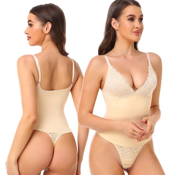 Shapewear Bodysuits Dam Sexiga Spetsunderkläder Öppen gren och trådlös spets BH Fajas Colombianas Body Shaper Underkläder Remmar Beige 5126 L