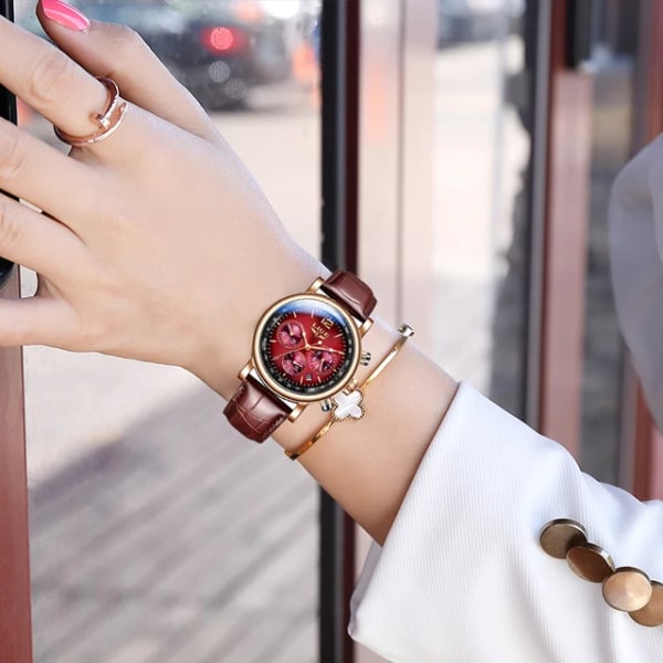 LIGE Watch Kvinnor Casual Damklockor Toppmärke Lyx Watch Läder Vattentät Quartz Armbandsur Damklockor Reloj+box Red(.242)