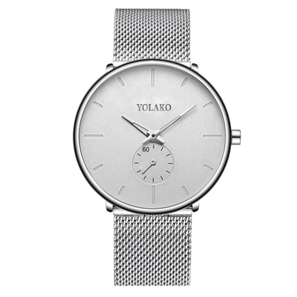 Nya Herr Ultra ThinMinimalist Quartz Casual Läderklockor Watch Man Enkel Rostfritt stål Mesh Band Klocka Reloj Hombre Mesh Silver White
