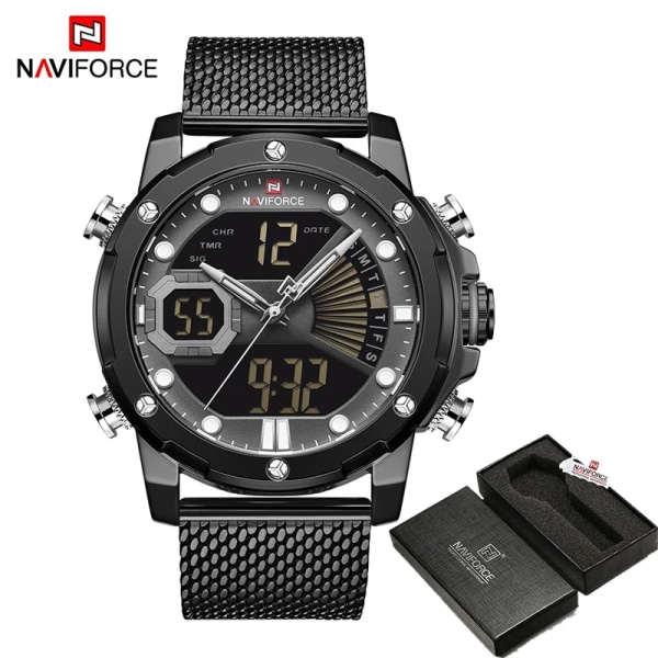 NAVIFORCE Originalklockor för män Lyxmärke Quartz Dual Display Militär watch Mesh stålband Vattentät klocka BGYB BOX