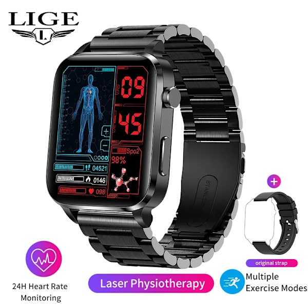 LIGE SmartWatch Män Laserassisterad terapi Tre hög puls Blodsocker Hälsa Smartwatch Sömn Kroppstemperaturövervakning steel belt black