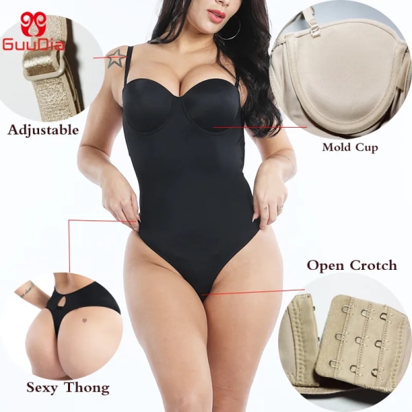 GUUDIA Kvinnor Body Shaper Rygglös sömlös stringtrosa Shapewear Push Up Shapers Bantningskorsett Build In Cup Öppen gren elegant black L