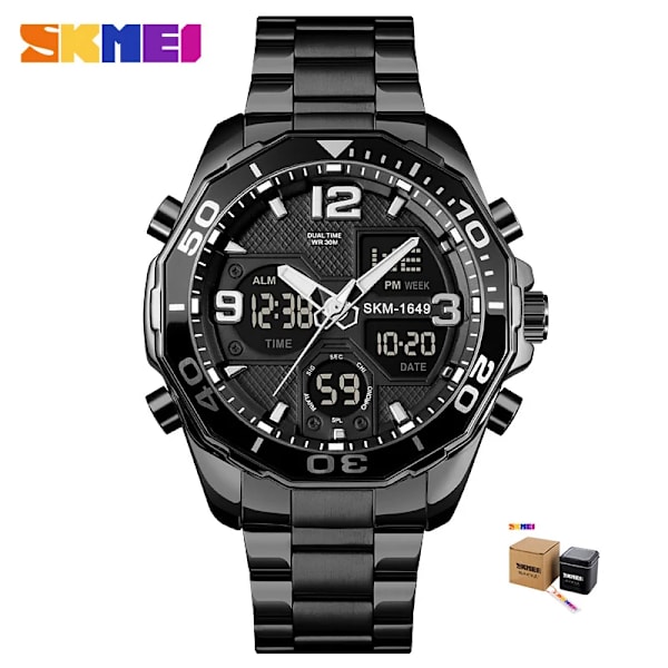 SKMEI Lyxmärke Watch Militär Digital Sport Armbandsur Herr Stålband Vattentät klocka Man reloj hombre 1649 montre Black BOX