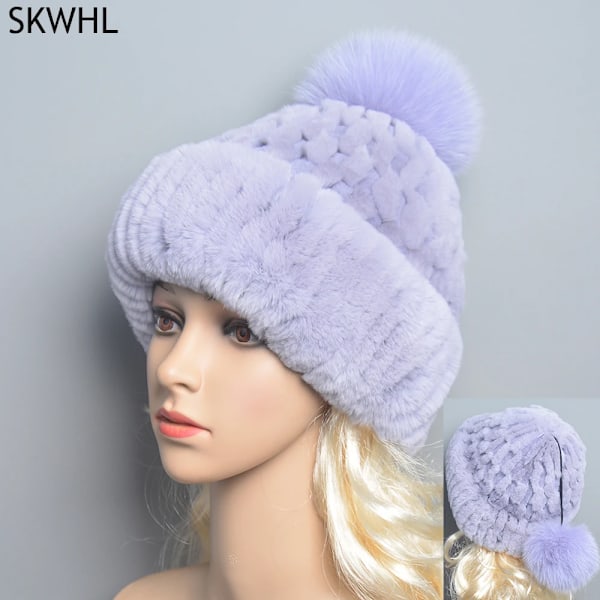 Europeiska Station Lyxiga Kvinnors RexRainbow Hattar Dam Vinter Varm Beanie Mössa Bucket Hat Med Pom Poms blue grey elasticity 52-60cm