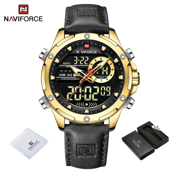 NAVIFORCE Lyxmärke Originalklockor För Herr Casual Kronograf Alarm Quartz Watch Läder Vattentät Klocka 9163 GBB BOX