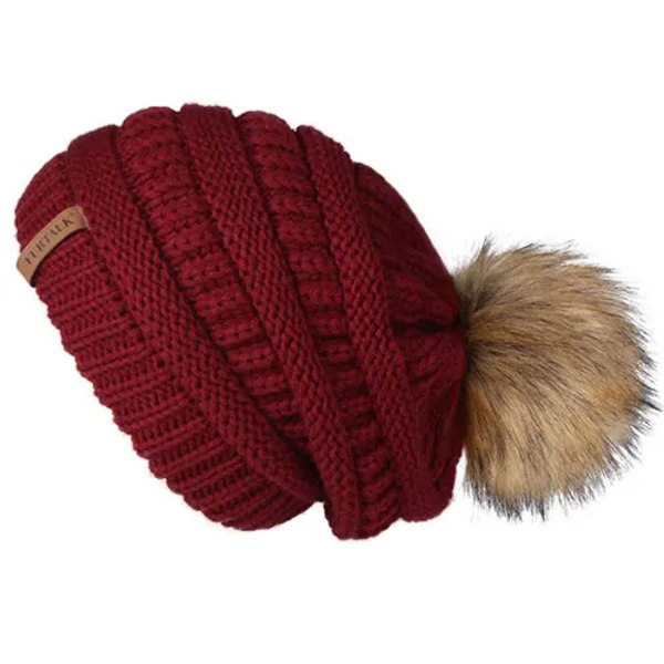 Talk Höst- & Vintermössa för Kvinnor Stickad Pompommössa Slouchy Beanie Skullies för Kvinnor Svart Röd Gul Bonnet Cap Wine red 2