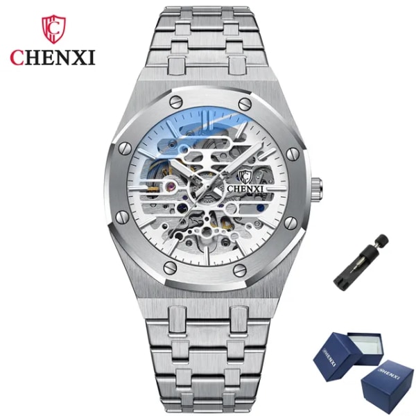 CHENXI 8848 2021 nya automatiska män Toppmärke Mekanisk Tourbillon armbandsur Vattentät Business Rostfritt Sport Herrklockor silver white(.260)