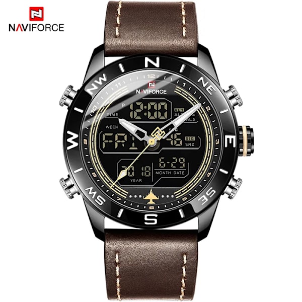 Lyxmärke Herr NAVIFORCE 9144 Army Military Watch Digital Läder Sport vattentäta Klockor Kvarts Herrklocka Relogio Masculino BYDBN