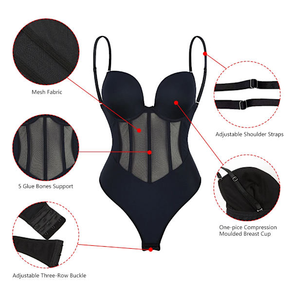 Kroppsformare för kvinnor Kompressionsbody i ett stycke rygglös formkläder med behå Korsett smal midja under klänning Underkläder Black L