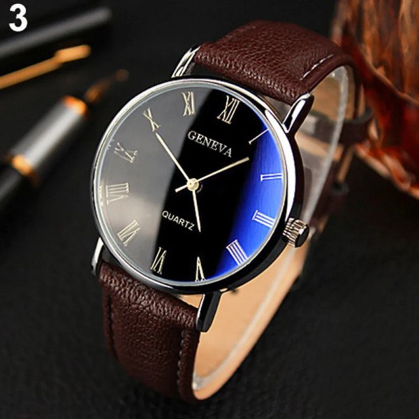 Män Watch romerska siffror Blu-Ray Faux Läder Band Quartz Analog Business Armbandsur Black-Brown