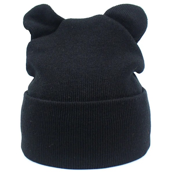 Snygga Kattöronmössor för Kvinnor Stickade Vintermössa Mjuk Varm Virkad Dammössa Enfärgad Casual Beanie solid style black