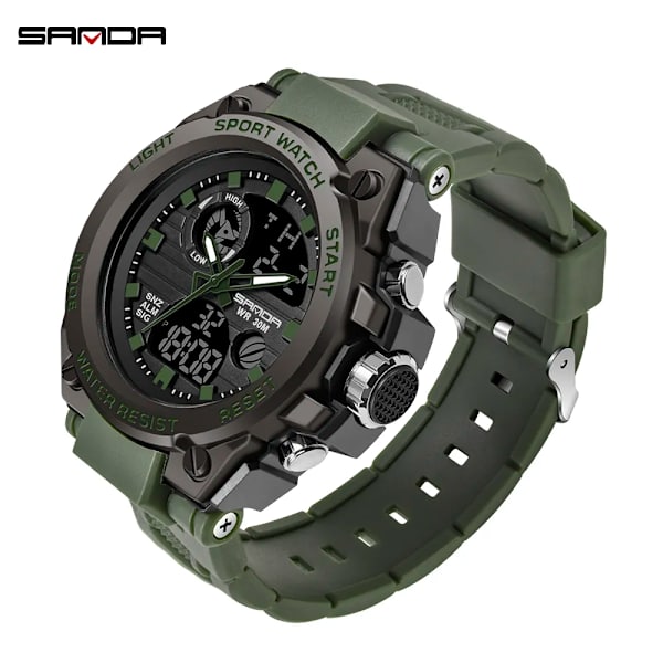 SANDA Sports Herrklockor Lyxiga Militärkvarts Elektroniska Klockor Stötsäkra Vattentät Digital Armbandsur Relogio Masculino Green