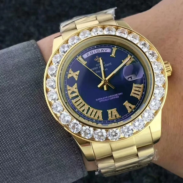 WATCH Big Diamonds Watch Herr Top Brand Lyx Watch For Herr Vattentät AAA Guld Armbandsur Mode Herr Klocka Julklappar gold blue