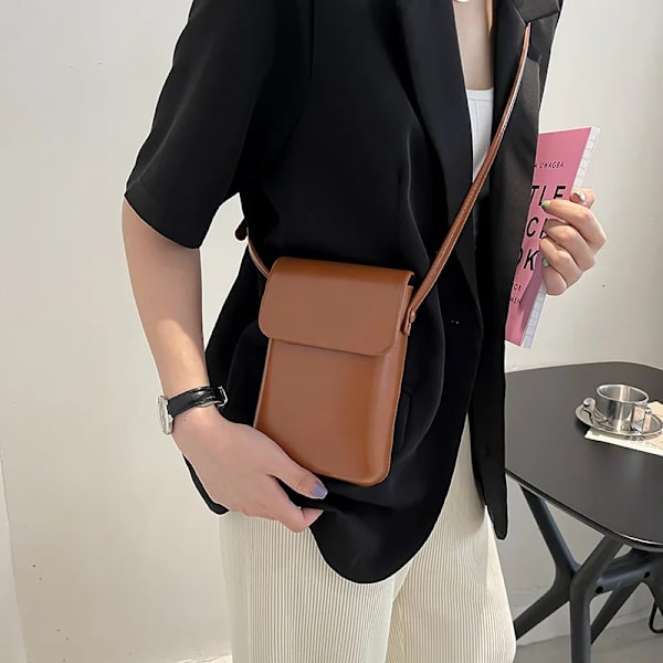 Flap Crossbody-väskor Dam Mini PU-läder axelväskor och handväskor för flickor Damtelefon Enkel solid designerväska Brown