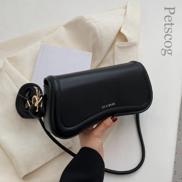 Petscog Luxury Designer Axelväskor Crossbody Väskor För Kvinnor Pu Läder Trend Kvinnlig Underarm Väska Mode Handväska Flap Handväskor Black A (20cmMax Length30cm)