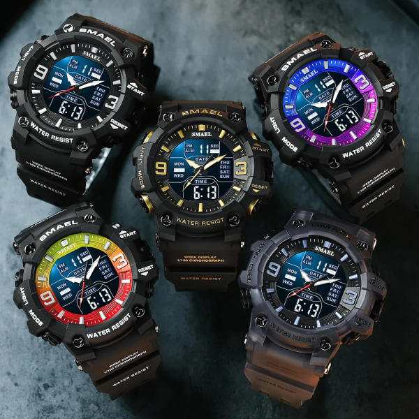 Watch Sport Vattentät LED-ljus Väckarklocka Dubbeltid Display Vecka Auto Date Armbandsur 8049 Quartz Klockor Sporttid RED GREEN