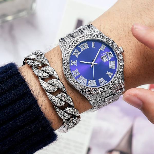 2 st Watch+armband Hip Hop rostfritt stål Watch för män Iced Out stenlagda strass herrklocka Watch Hombre 2pcs Set Silver BU