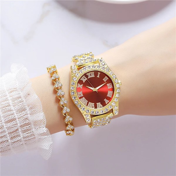 Mode Rhinestone Roma siffror Damklocka Watch i rostfritt stål Damarmbandsur Klocka Zegarek Damski Rose Gold Red