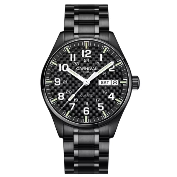 CARNIVAL Luxury Brand Watch Herr Quartz Klockor Lysande visare Vattentät Solid Roststål Herrklocka Relogio Masculino 8638 Full Black